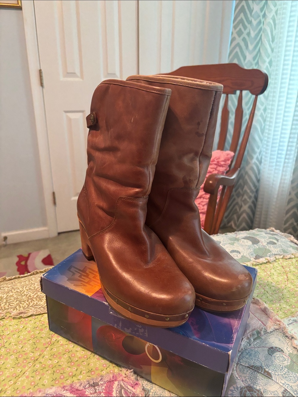 UGG Brown Leather Mid-Calf Clog Heel Boots